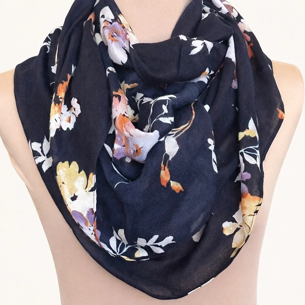 J.Jill Navy Floral Infinity Scarf Lightweight Sheer Fall Spring